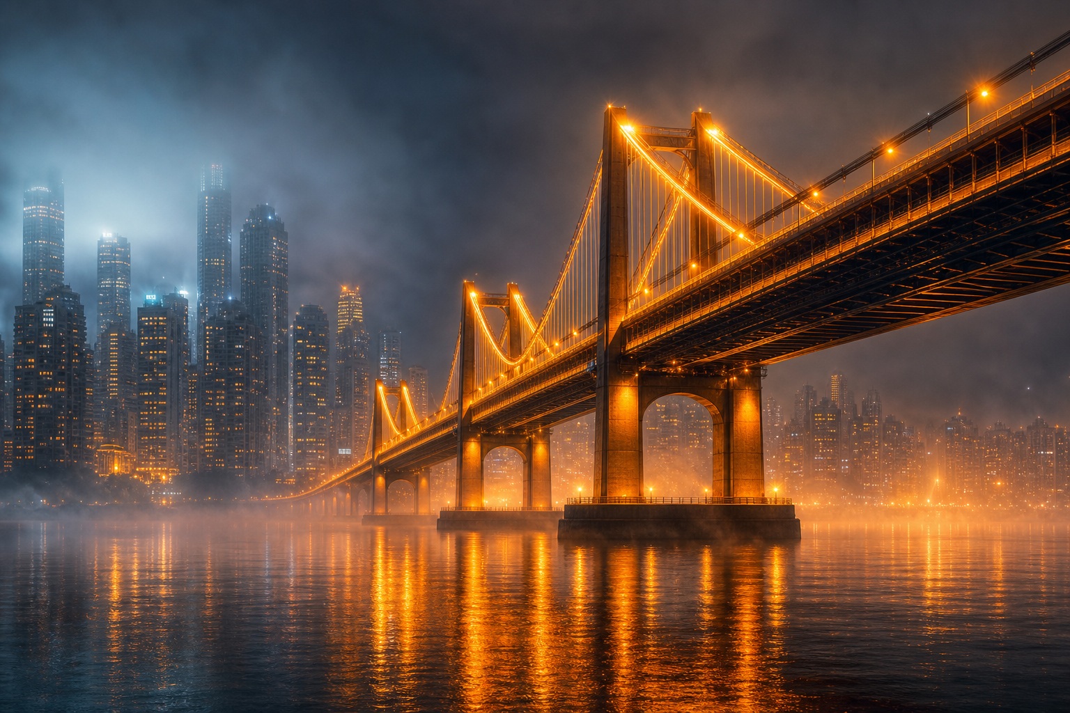 Preview for Amber Bridge Fog Night City Background