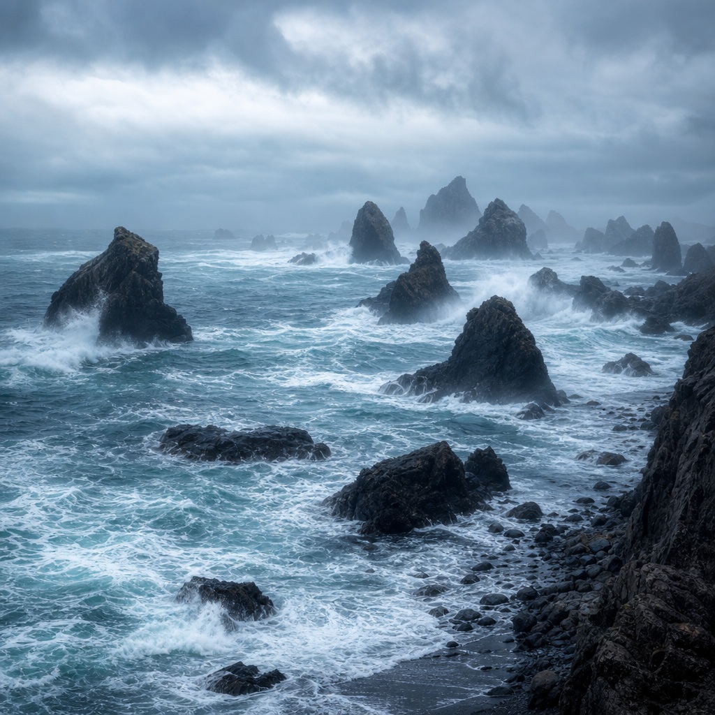 Dark sea stacks rising from a rough blue ocean under an overcast sky.