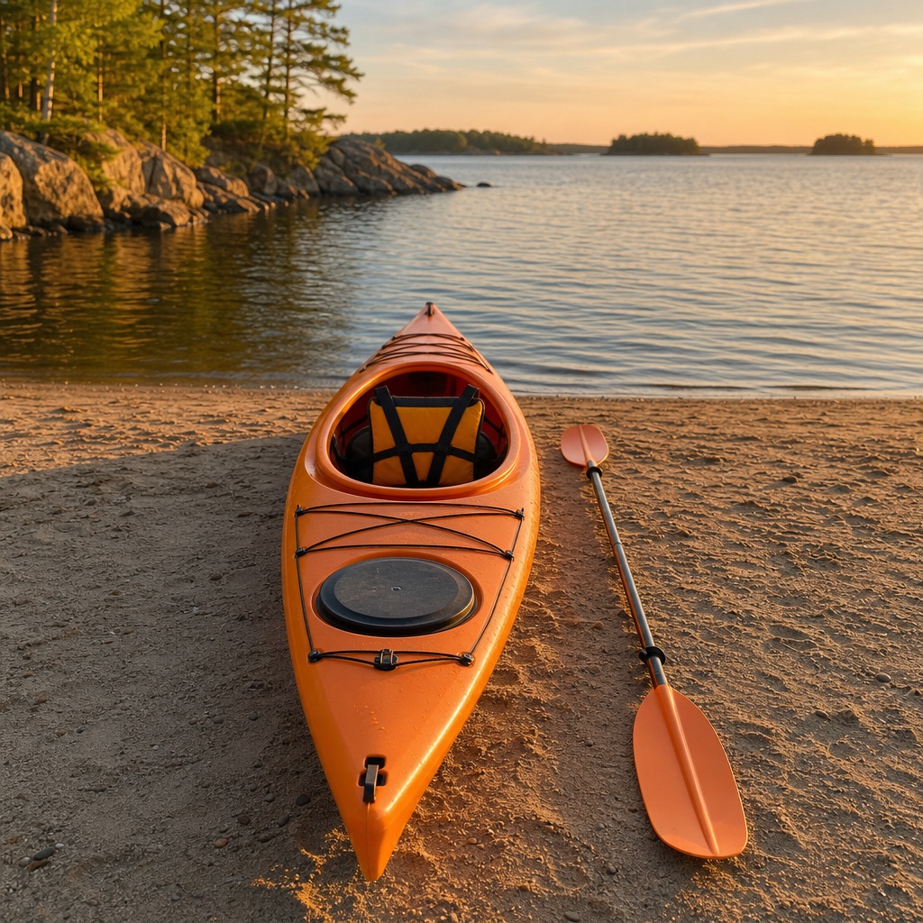 Orange kayak with paddle resting on a sandy beach beside calm water at sunset