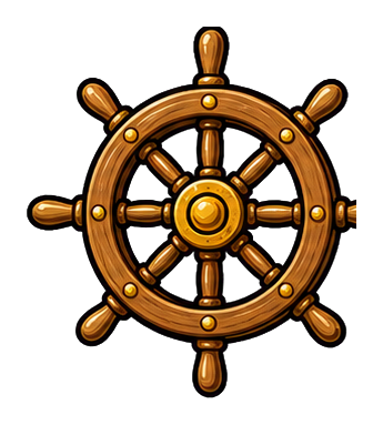Golden wooden ship wheel with eight spokes and a round center hub