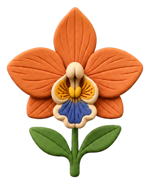 Terracotta clay orchid with orange petals, cream center, blue details, and green leaves