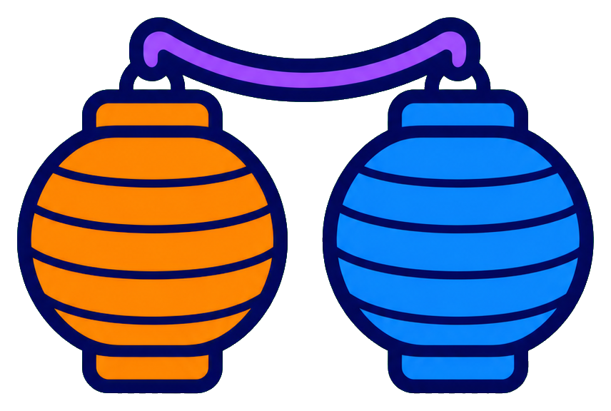 Two hanging lanterns connected by a line, one orange and one blue.
