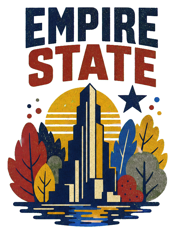 Retro Empire State text sticker with a city skyline, star, and colorful trees