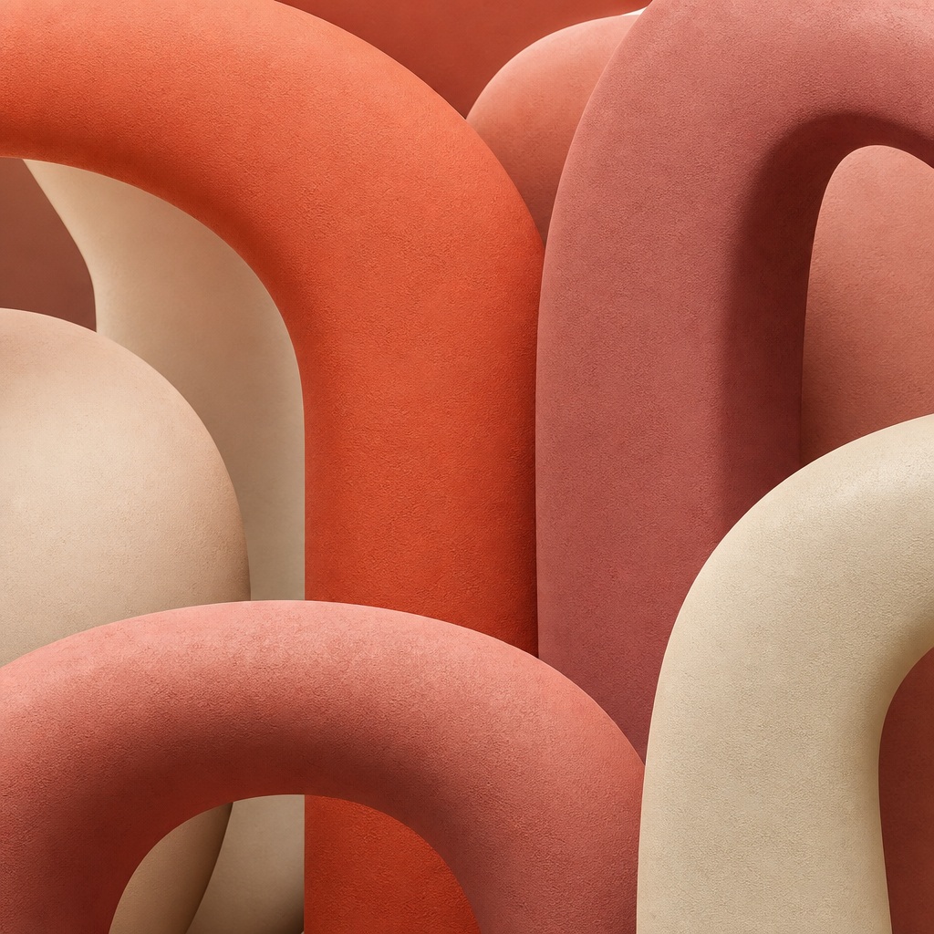 Layered coral and cream sculptural arches with soft 3D abstract shapes