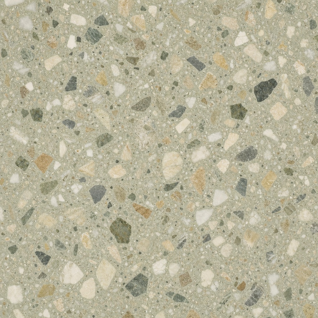 Neutral terrazzo pattern with speckled stone chips in beige, gray, and olive tones