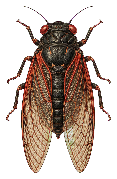 Vintage illustrated insect specimen with dark body, red eyes, and transparent veined wings