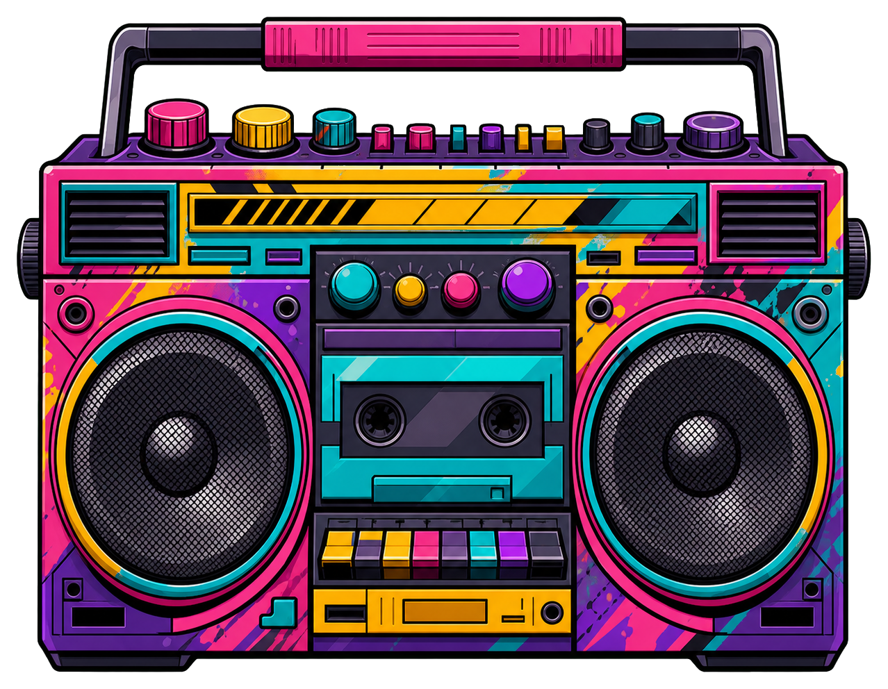 Colorful graffiti-style boombox with bright pink, blue, yellow, and purple details.