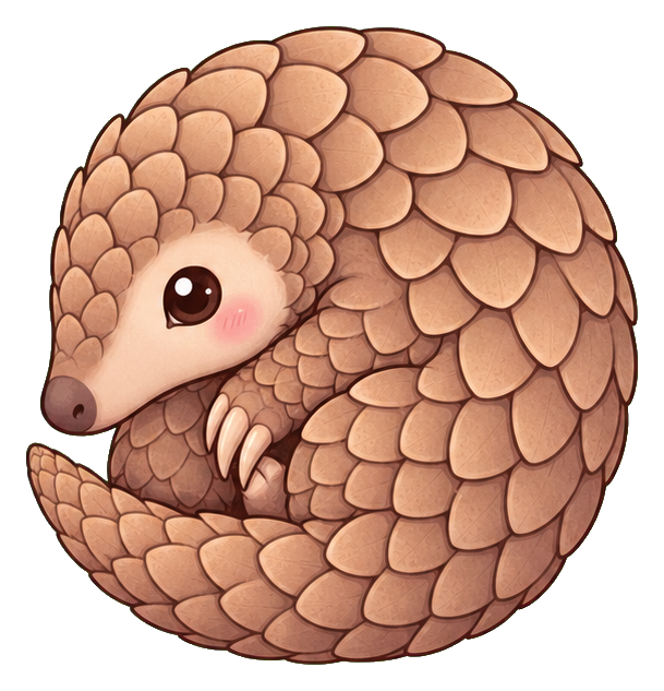 Cute pastel pangolin curled into a round sticker illustration.
