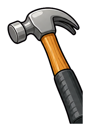 Illustrated hammer with a silver head and orange handle on a dark background.