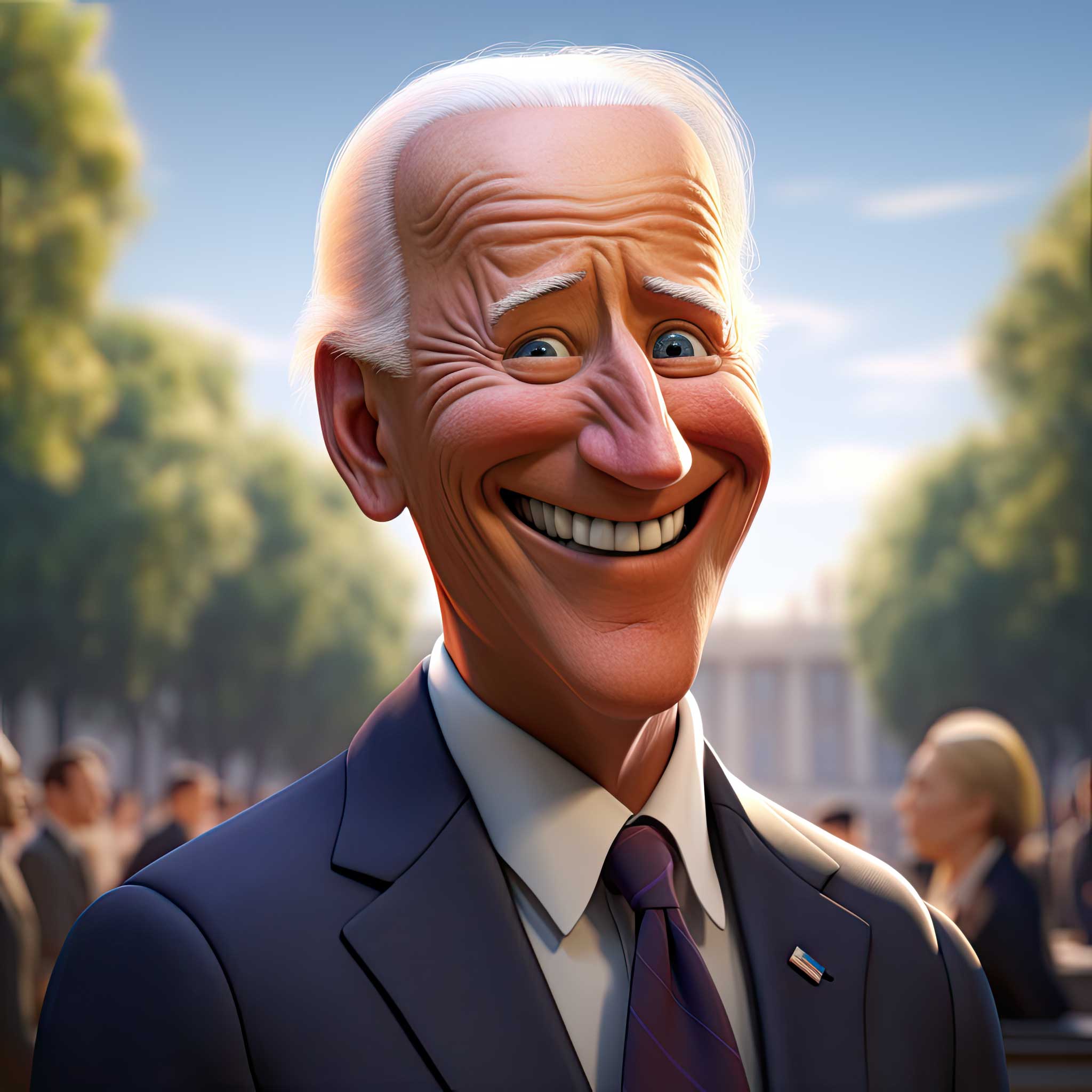 Caricature portrait of Joe Biden smiling in a suit outdoors with blurred people behind him