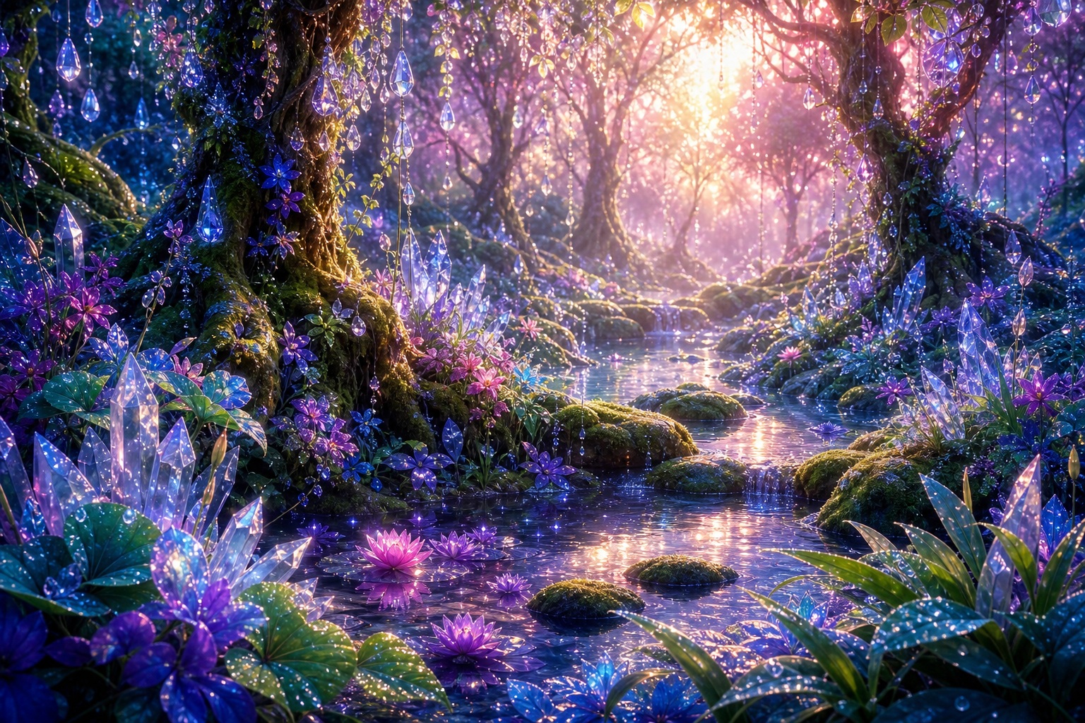 Glowing enchanted forest path with crystals, ferns, and soft purple light