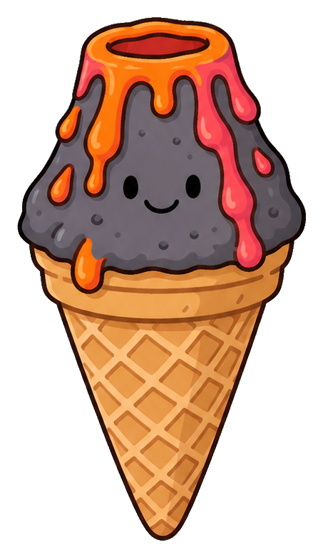 A smiling gray volcano melting orange and red lava over an ice cream cone