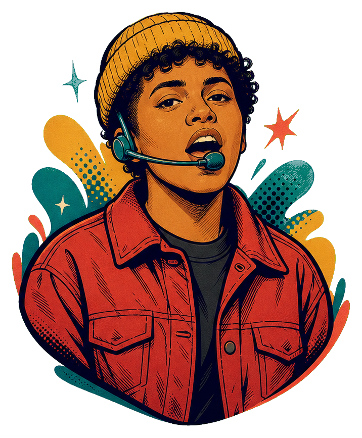 Stylized hip hop singer wearing a gold knit cap and headset microphone