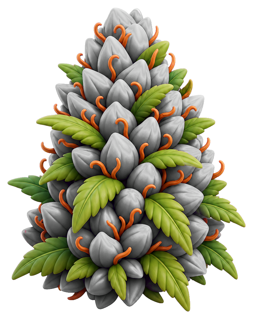 Purple cannabis bud with layered dark leaves and orange highlights