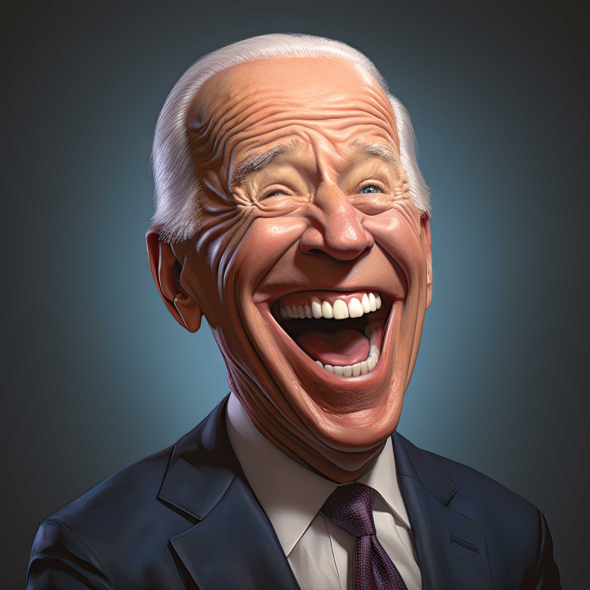 Caricature portrait of Joe Biden laughing in a suit and tie against a dark background.