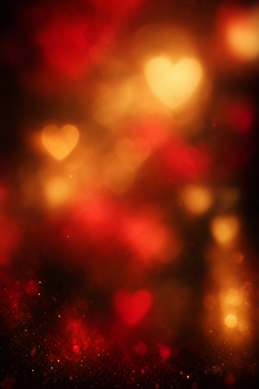 Soft pink and warm red heart-shaped bokeh lights on a dark vertical background