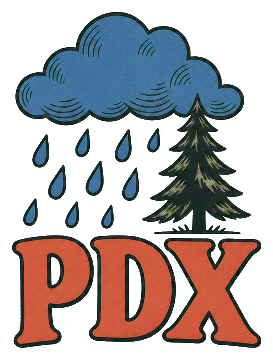 Blue rain cloud above a fir tree and large orange PDX letters