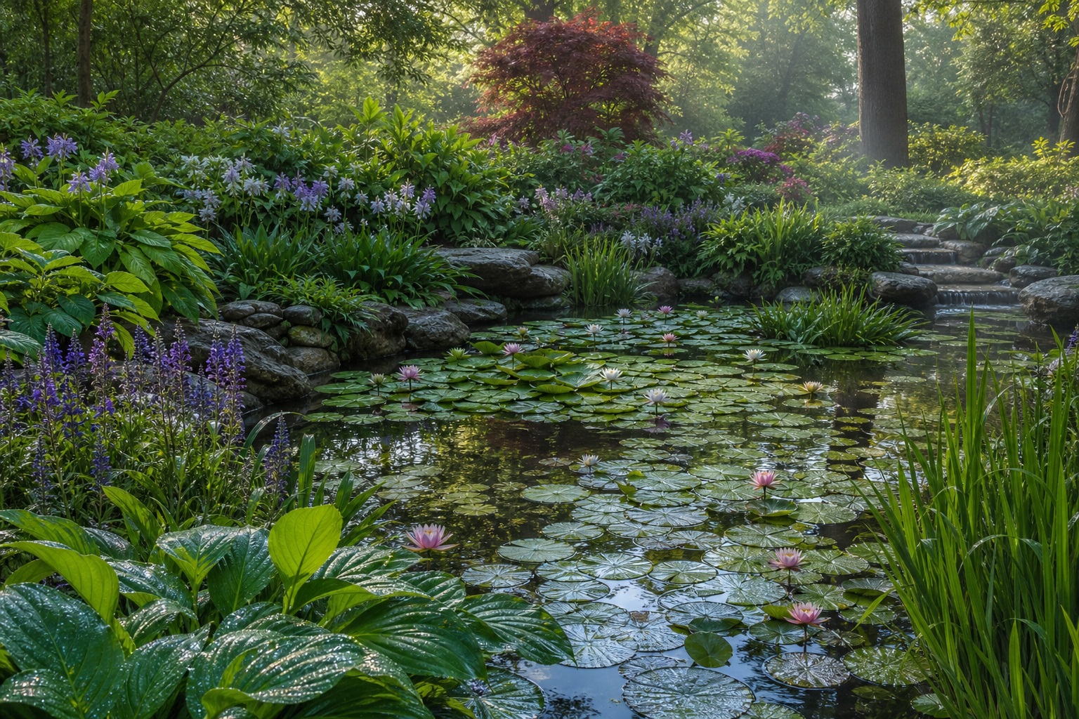 Preview for Morning Dew Lily Pond Garden Background