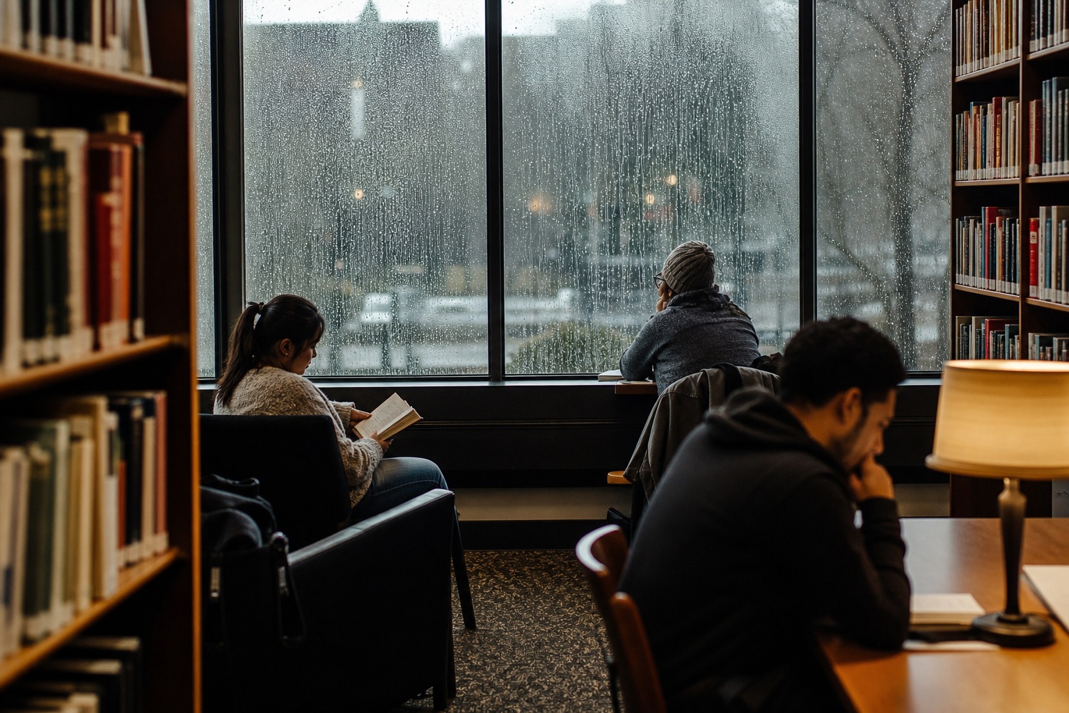 People reading quietly inside a library beside a rainy window.