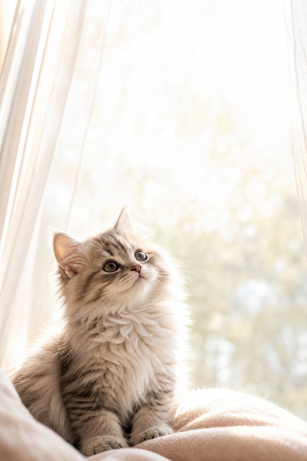 Fluffy cat sitting by a bright window with soft light and a cozy blanket