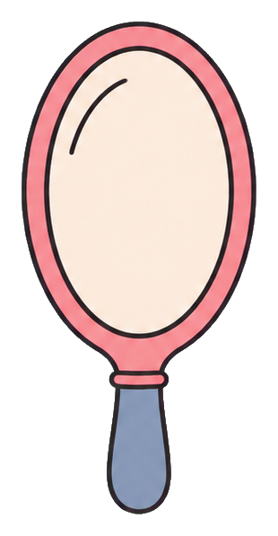 Simple hand mirror illustration with a pink oval frame and blue handle.