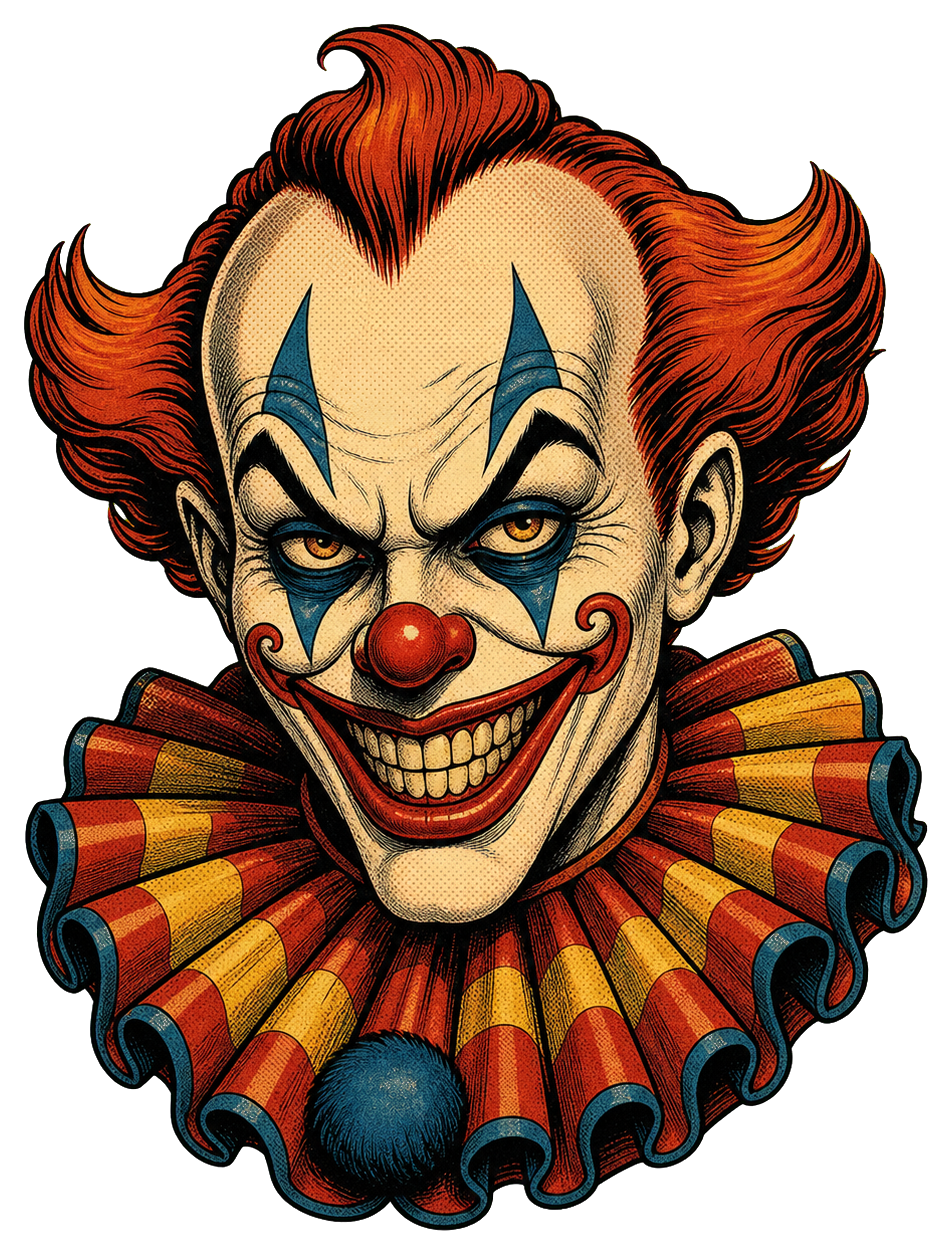 Illustrated evil clown face with red nose, sharp grin, and vintage circus collar