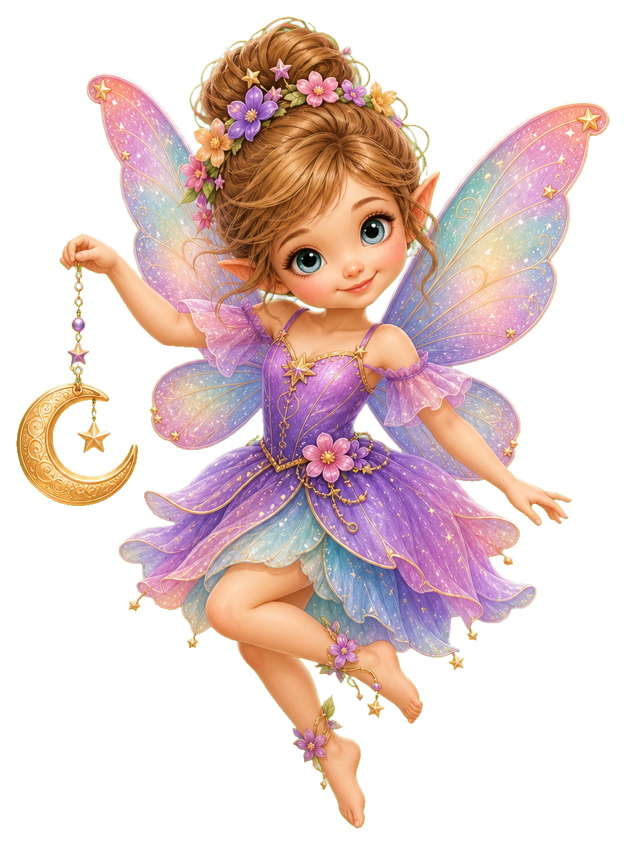 Cute fairy in a purple dress holding a crescent moon charm.