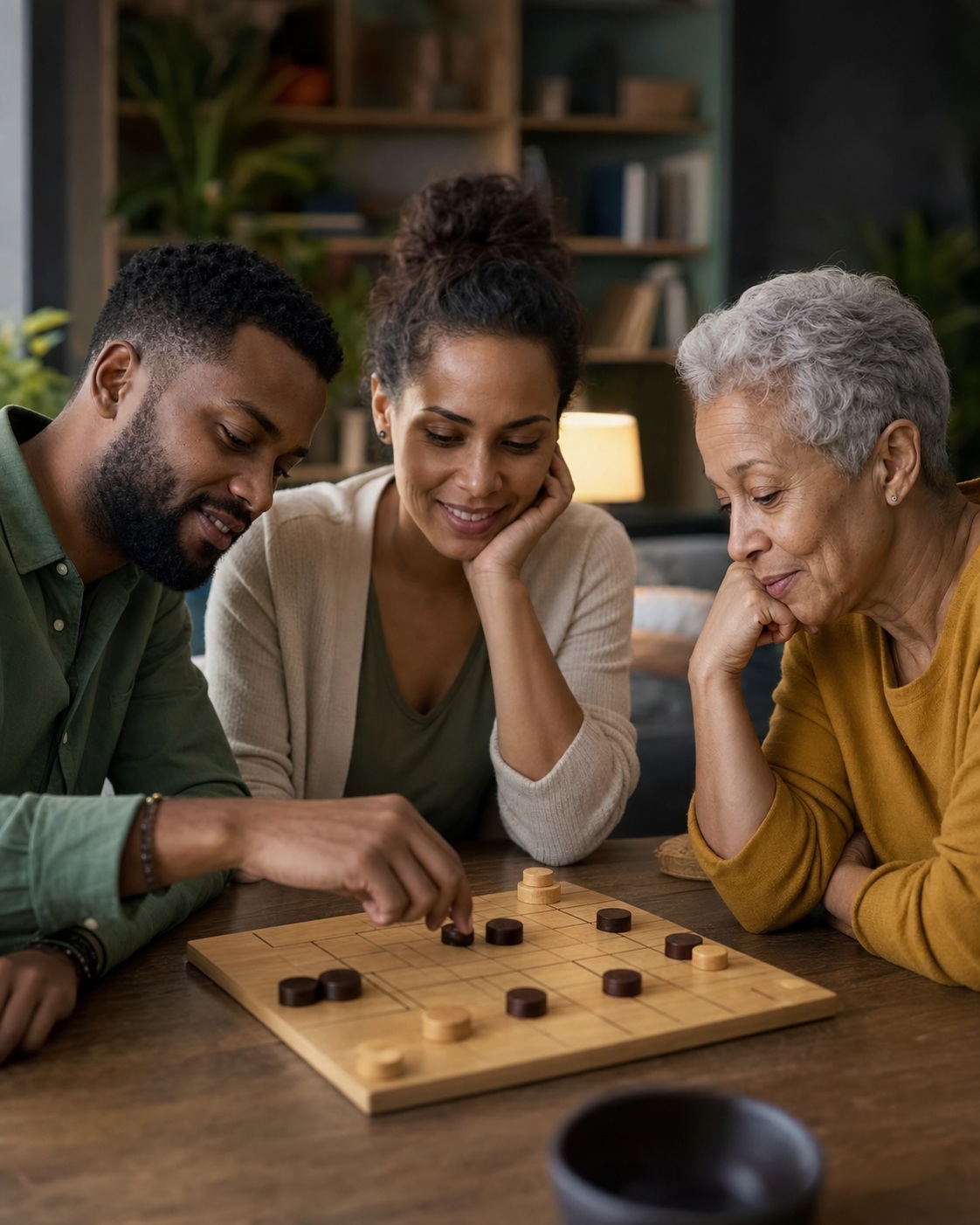 Three generations leaning over a wooden board game on a table indoors.