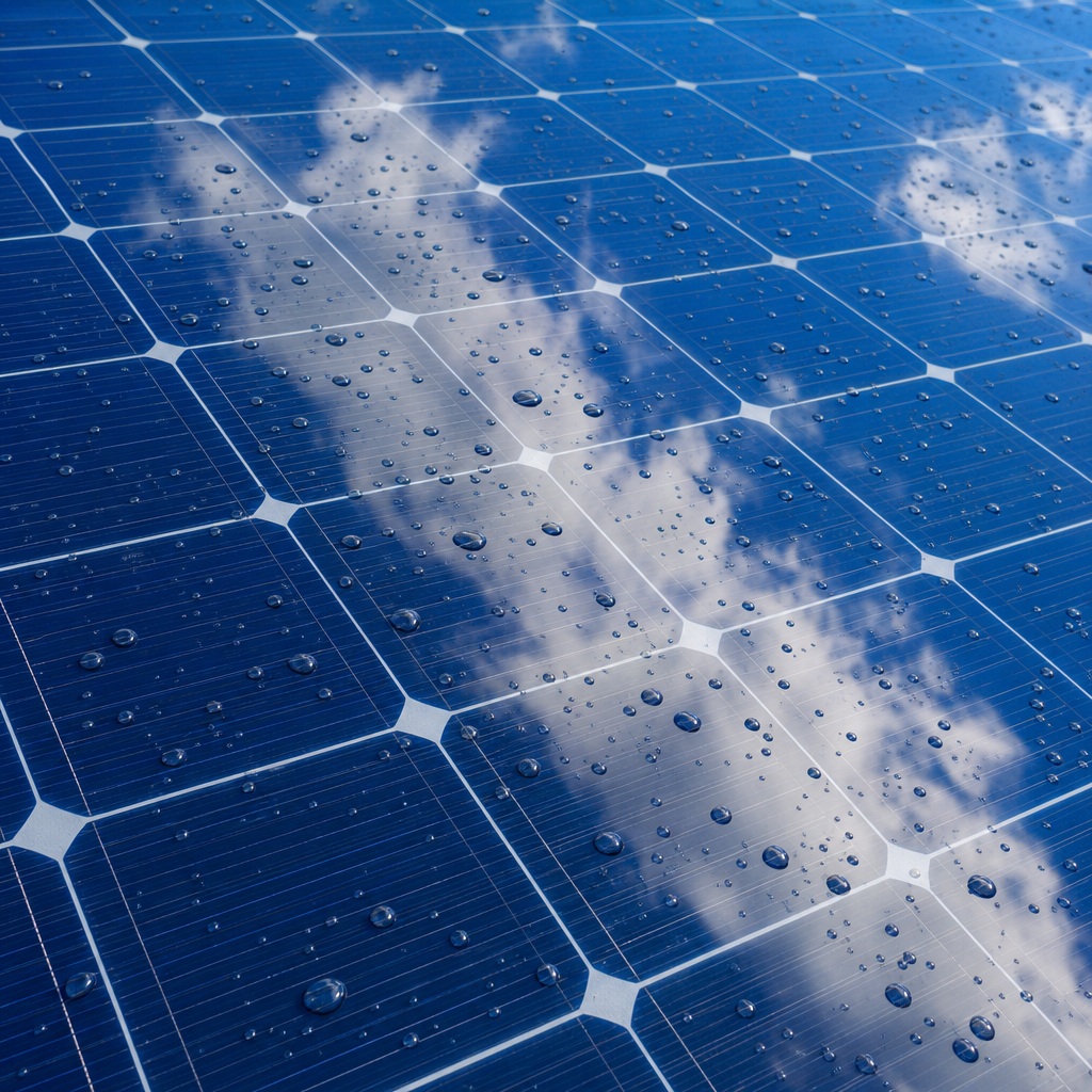 Blue solar panels reflecting clouds and sky with water droplets on the surface.