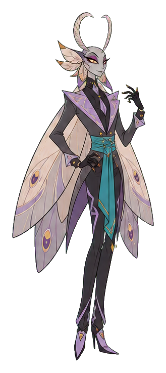 Fantasy moth character in a tailored coat with wings, horns, and teal accents.