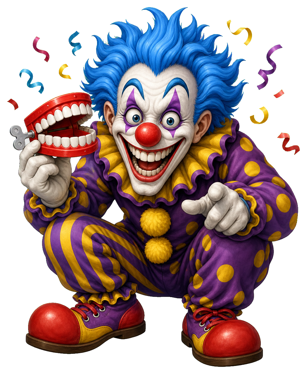Cartoon evil clown with blue hair, purple suit, and a creepy grin holding fake teeth.