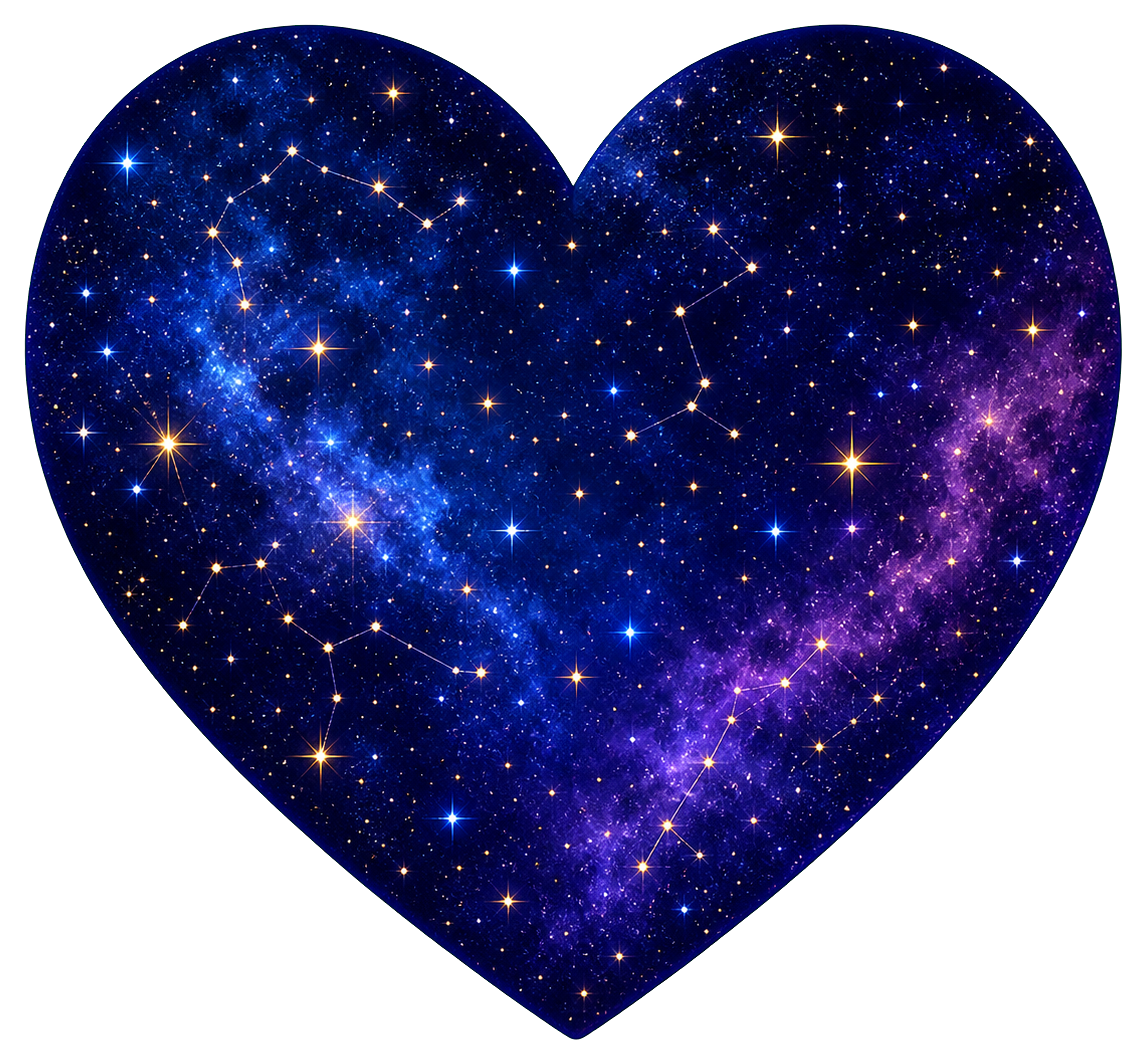 Glowing blue and purple heart filled with sparkling stars on a black background