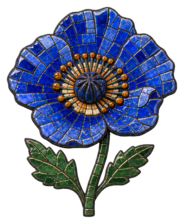 Blue mosaic poppy flower with green leaves and a textured ceramic look