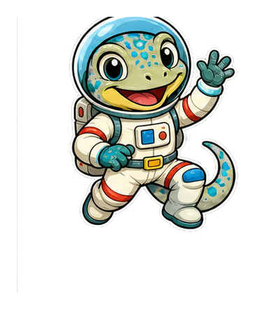 Cartoon lizard in an astronaut suit waving with a smiling expression.