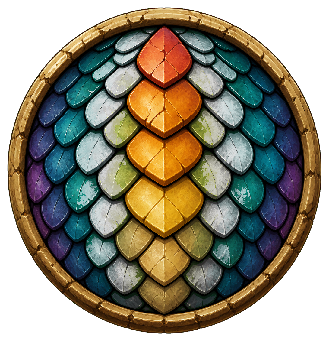 Circular badge with layered rainbow reptile scales and a dark border