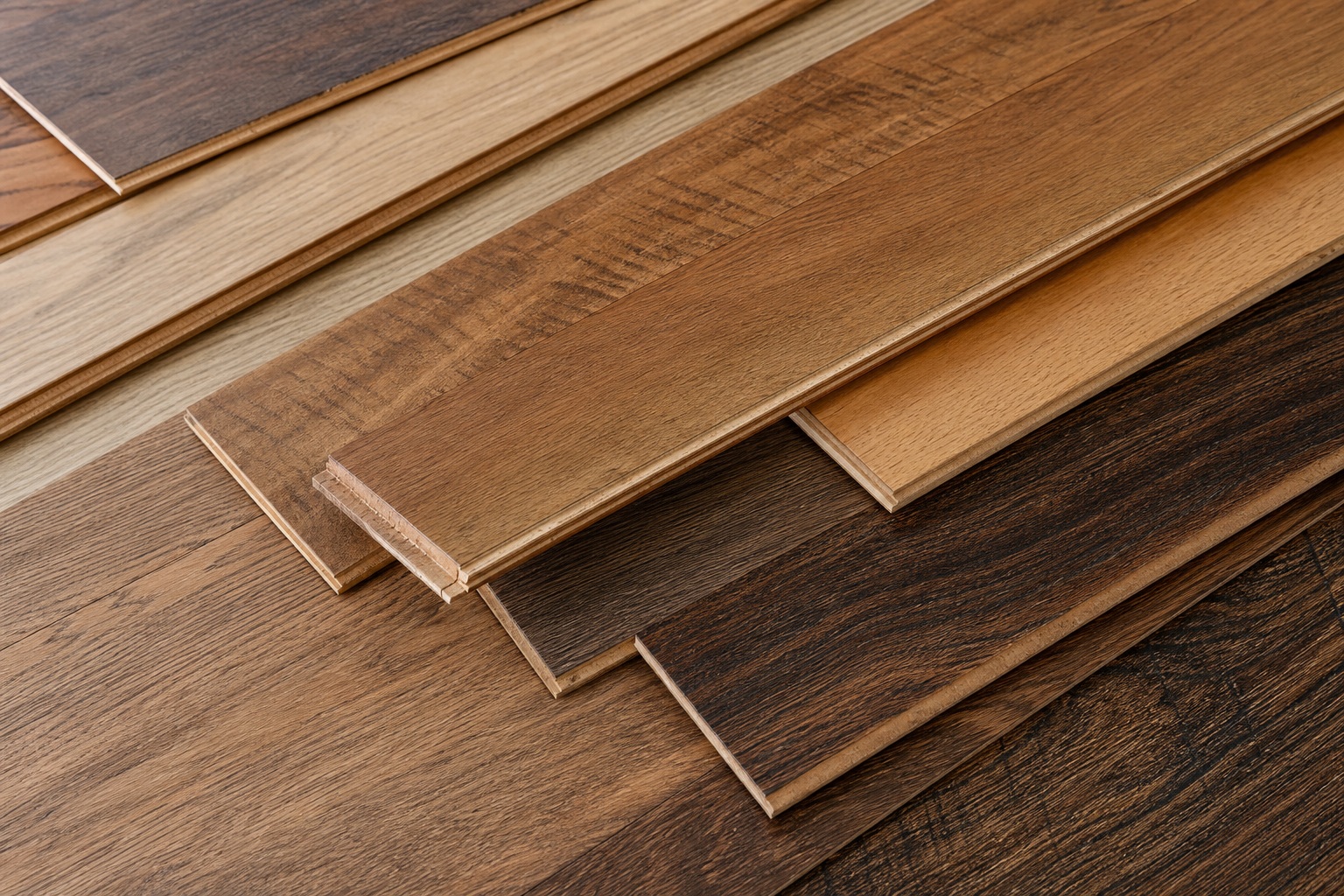 Stacked wood flooring planks in warm brown tones on a textured surface.