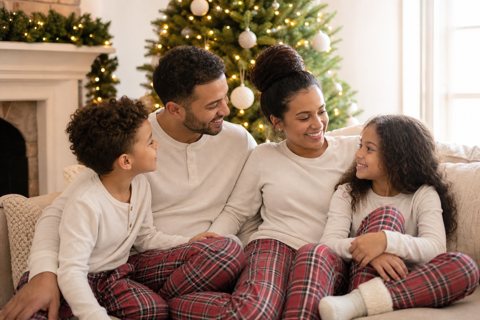 Family sitting together in pajamas beside a decorated Christmas tree and fireplace.