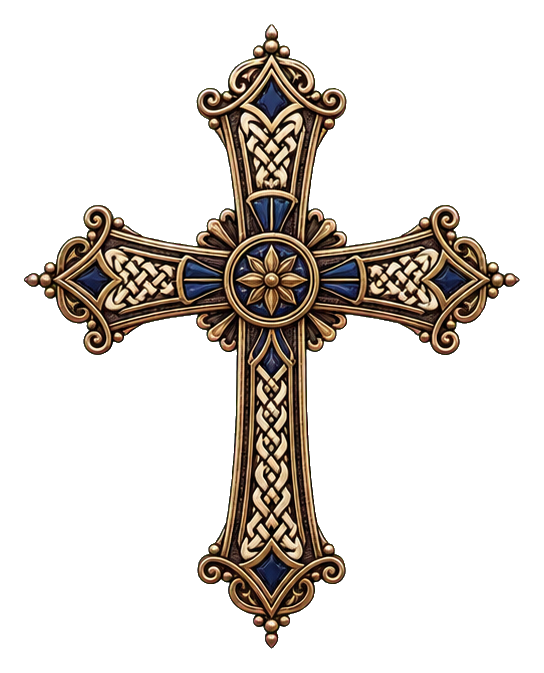 Ornate eastern knotted cross with gold and blue detailing