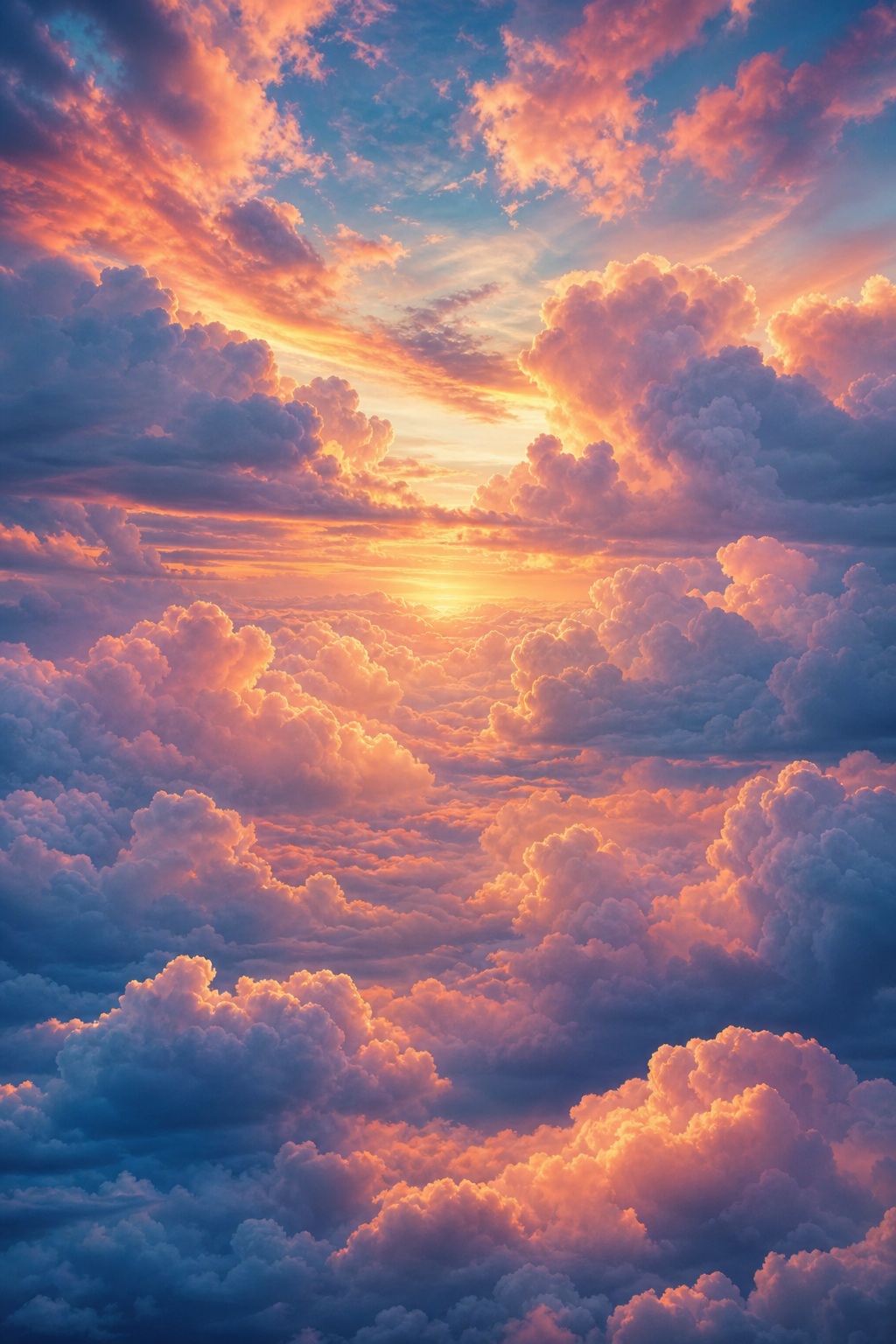 Glowing sunset light breaking through layered pink and purple clouds