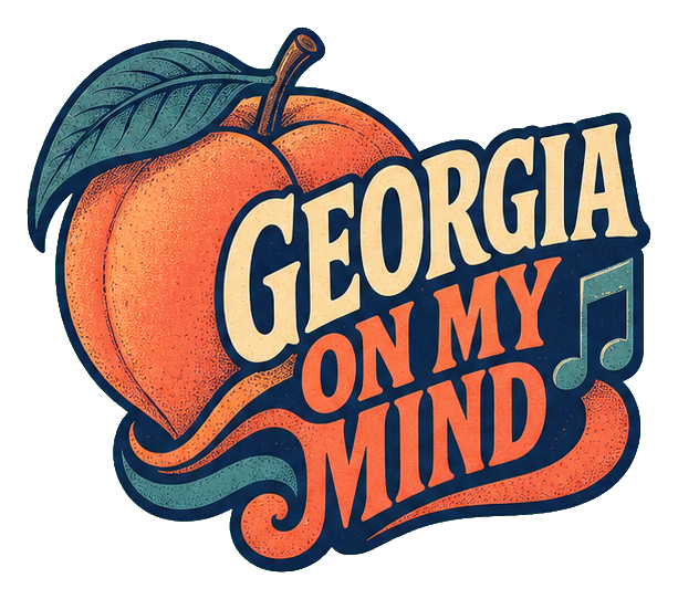 Retro Georgia text sticker shaped like a peach with a musical note.