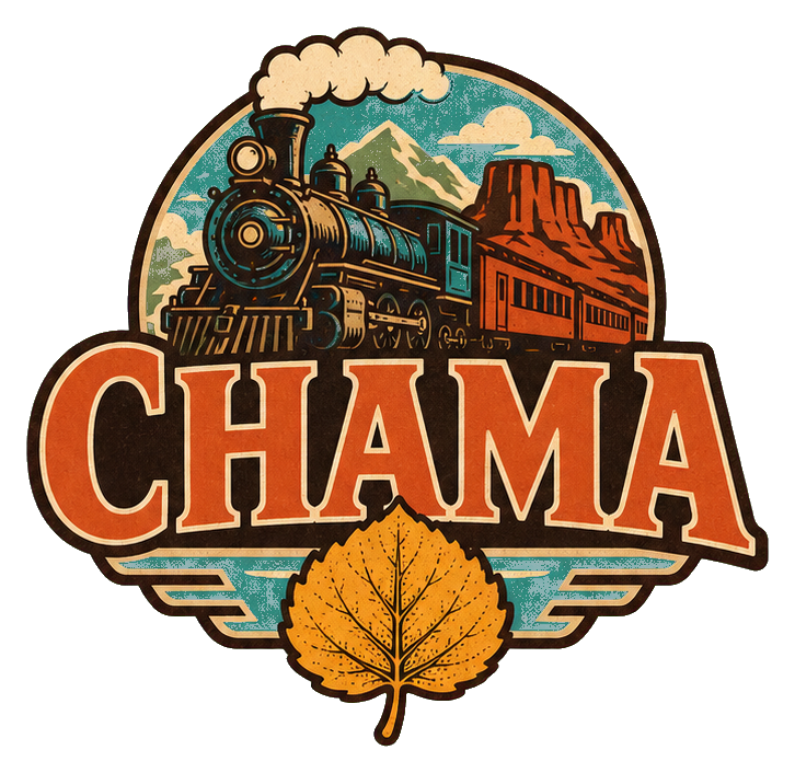 Retro Chama Train Aspen text sticker with a train, mesa, and golden aspen leaf