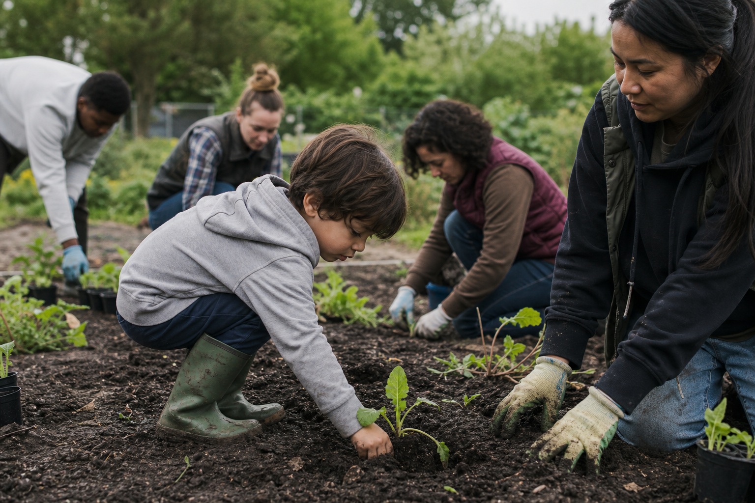 Volunteers and a child planting seedlings in a community garden bed outdoors.