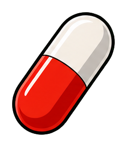 Red and white pill capsule sticker on a transparent background