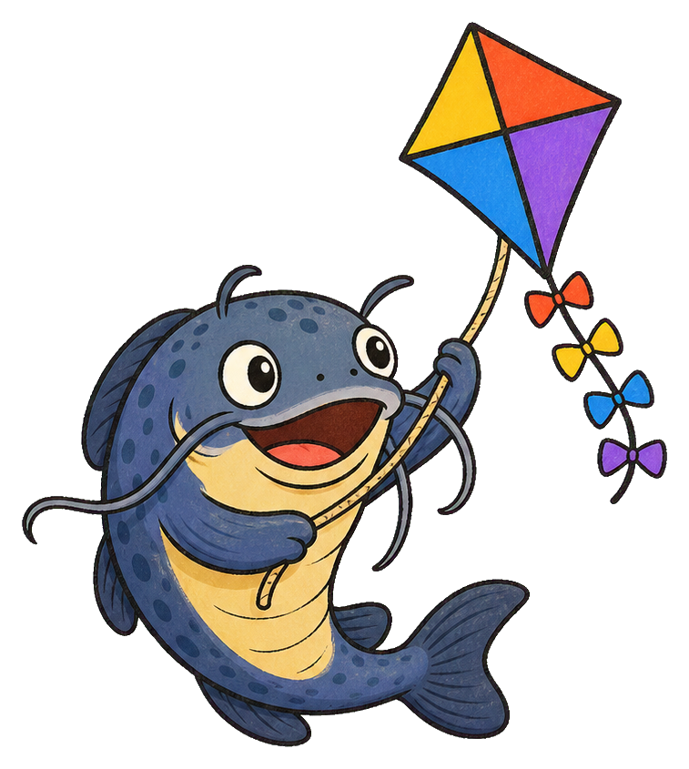 Cartoon catfish holding a colorful kite with a playful smile