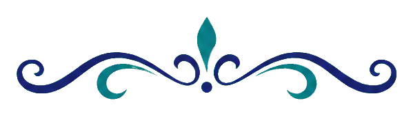 Wide blue ornamental scroll with a centered flourish and curled ends
