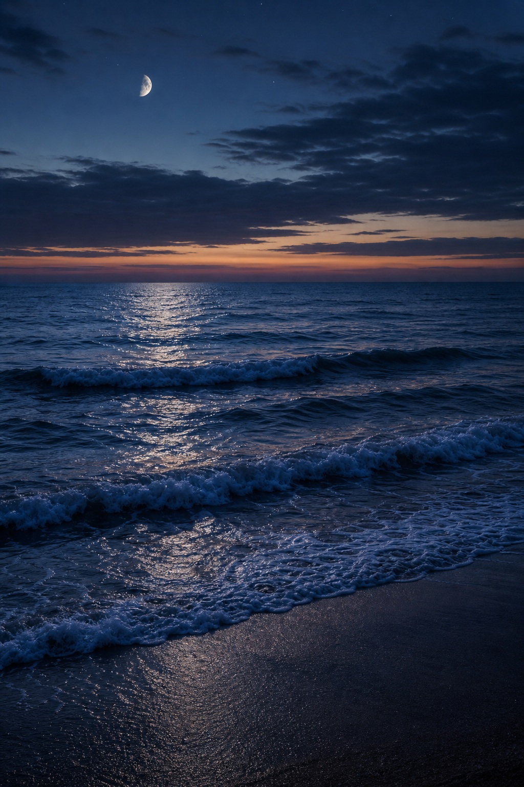 A crescent moon above gentle waves reflecting light on a dark ocean shore.