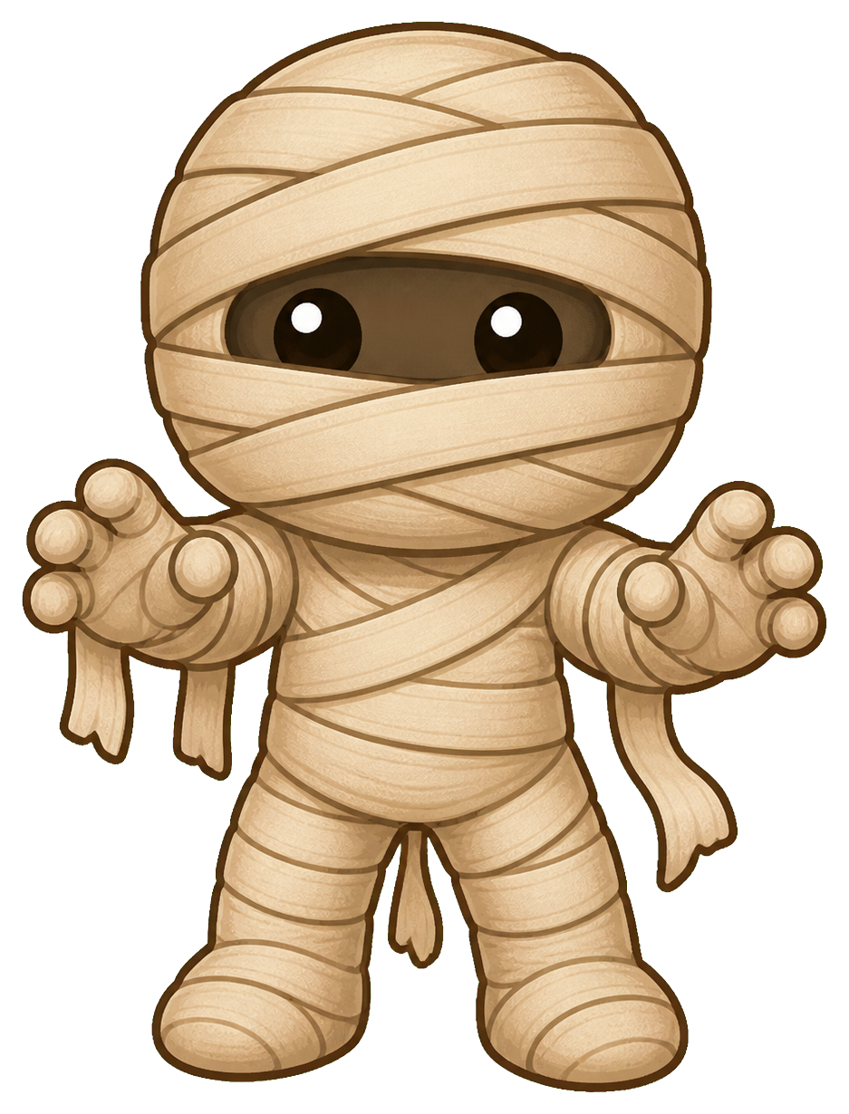 Friendly mummy with wrapped bandages and outstretched arms