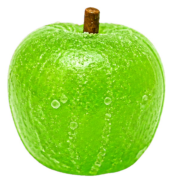 A shiny green apple-shaped hard candy with a small brown stem.