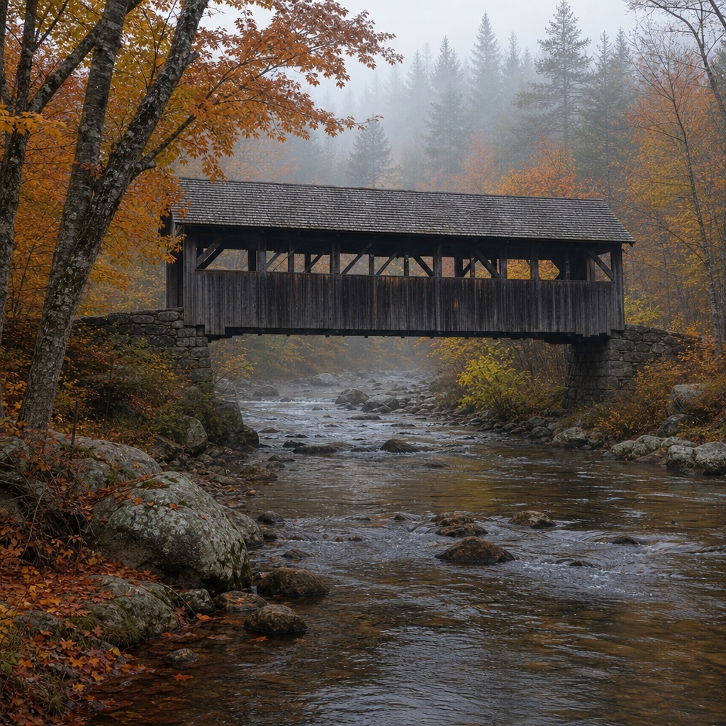 Covered bridge over a misty river with fall trees and autumn colors