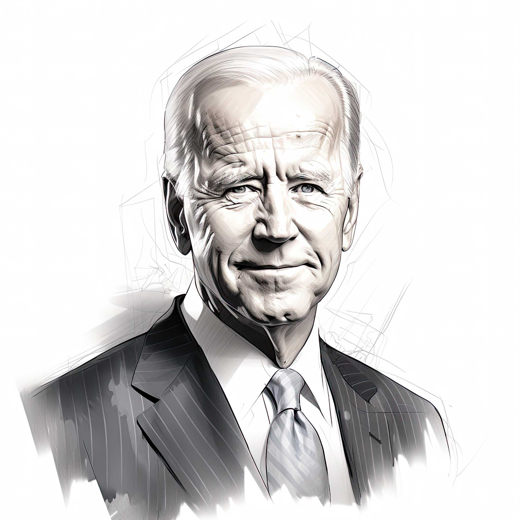 Black and white portrait illustration of Joe Biden in a suit and tie.